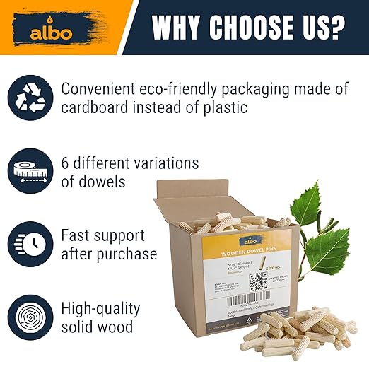 ALBO Wooden Dowel Pins 5/16 x 1 1/4 inch Fluted Wood Dowels Rods 200 Pack Hardwood Crafts Dowel Pegs