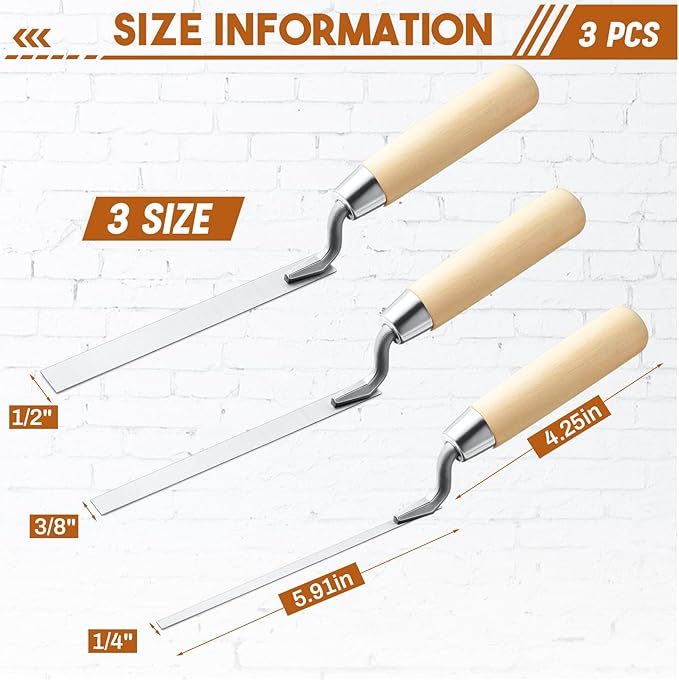 Lothee 3 Pieces Tuck Pointer Trowel Set with Wood Handle, 6-3/4" by 1/4", 3/8", 1/2", Professional Mortar Repair and Masonry Tools for Tuck Pointing