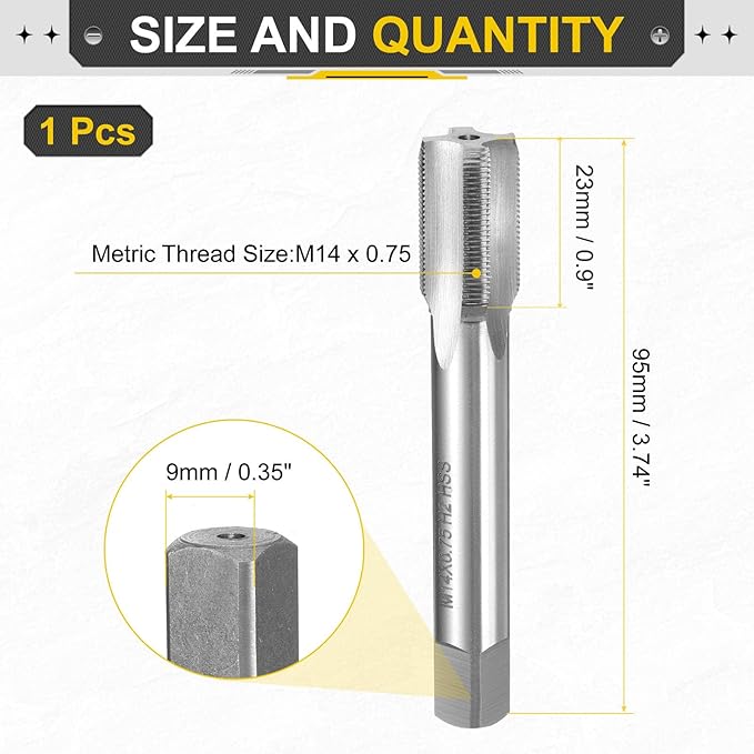 uxcell Hand Plug Tap M14 x 0.75 H2 Metric Thread Plug Style Taps Straight Flute Screw Tapping Threading Tool High Speed Steel HSS6542