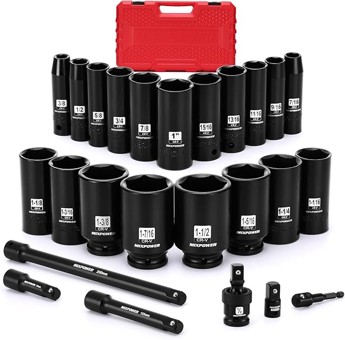 MIXPOWER 25 PCS 1/2??Drive Impact Socket Set, 3/8" to 1-1/2" Deep Socket, 6-Point Hex Socket with Portable Case,SAE,CR-V&CR-MO Steel