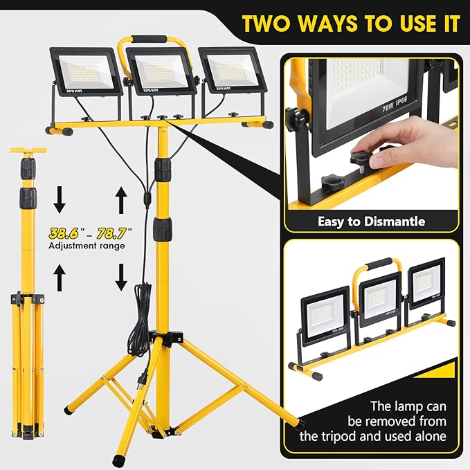 21000Lumen LED Work Lights with Stand - 3 Head Portable Work Light with 16FT Cord - IP66 Waterproof Tripod Worklights for Outdoor Indoor Job Site Workshop Garage Construction Site Lighting