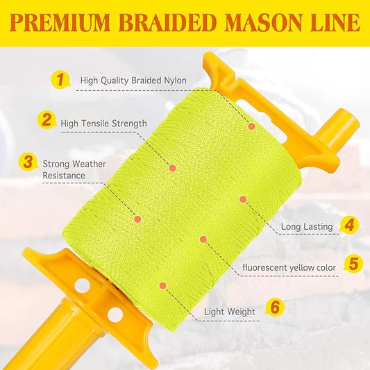 Mason Line with Handle,Twisted 540 FT #18 Braided Nylon Mason String with 5 Built-in Levels and Spool Construction Line,String Level Line Kit for Gardening Or Masonry Tools, Fluorescent Yellow