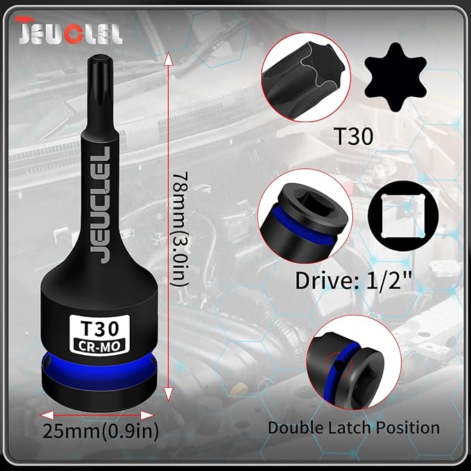 T30 Torx Bit Socket, 1/2" Drive Torx Star 6 Point Impact Bit Socket, 3-Inch, Cr-Mo Steel, Screwdriver Adapter for Electric Ratchet Wrenches Fastening Screws Hand Repair