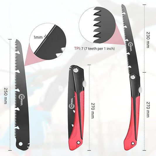 Folding Camping saw 10 inch ??SK9 High-Carbon Steel TEFLON-Coated Rust-Resistant, 2 Locking Positions, Hand Saw for Garden Tree Limbs, Wood Cutting & Outdoor Camping (2 Extra Blades)