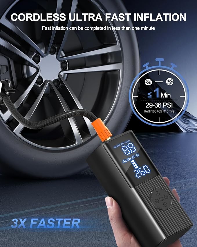 Tire Inflator Portable Air Compressor, 180PSI Cordless Air Pump with Digital Gauge, LED Light and Auto Shut-Off Function, 3X Faster Air Compressor for Car, Motorcycle, Bicycle, Ball