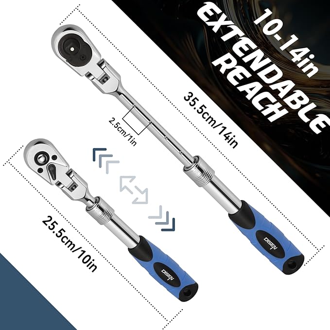 DISEN 3/8" Drive Extendable Ratchet,72-Tooth Flex-Head Ratchet Wrench with Quick Release Locking竊똕oft-Grip with Reversible Switch,Full-Polished Chrome Plating
