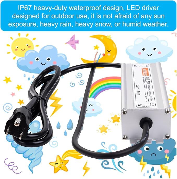 24V60W Waterproof LED Driver Power Supply AC90-130V to DC24V2.5A Low Voltage IP67 Transformer Outdoor LED Garden Light Power Supply Suitable for Indoor and Outdoor 24V Devices