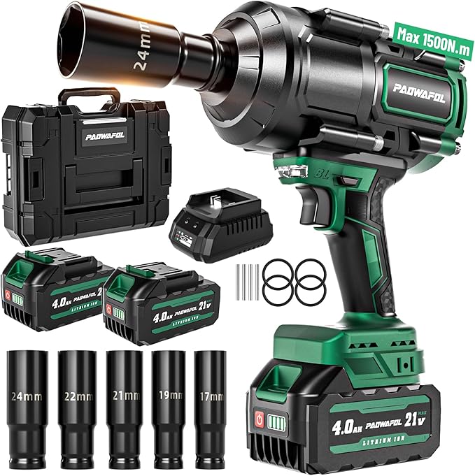 1500N.m(1106ft-lbs) Brushless Impact Wrench, High Torque 1/2" Impact Driver with 2* 21V 4.0AH Battery, Fast Charger, 5 Sockets & Storage Case, Cordless Impact Driver for Home Car Truck Tires