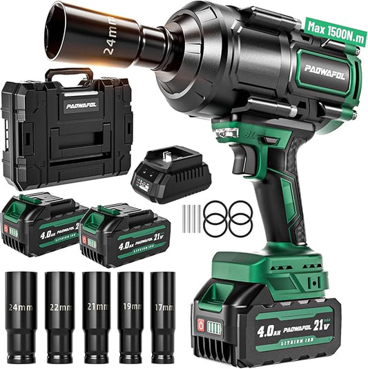 1500N.m(1106ft-lbs) Brushless Impact Wrench, High Torque 1/2" Impact Driver with 2* 21V 4.0AH Battery, Fast Charger, 5 Sockets & Storage Case, Cordless Impact Driver for Home Car Truck Tires