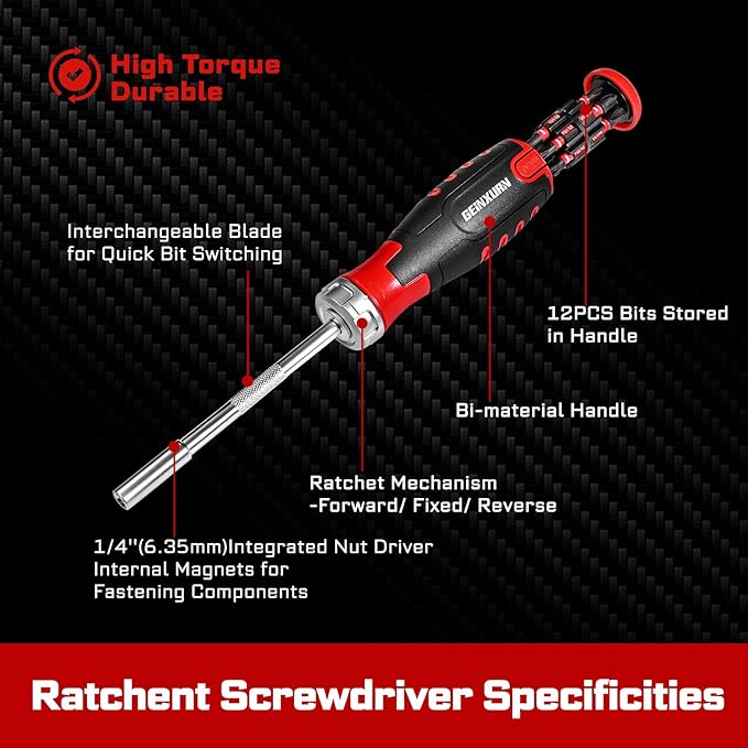 12Pieces Ratcheting Screwdriver Set, 12-in-1 Multi-bit Magnetic Screwdriver Quick-Load Mechanism, S2 Steel Phillips, Slotted, Torx, Square Bits, Impact Bit Holder with Eva Foam Storage Tray