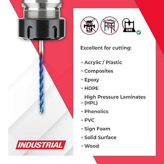 Amana Tool 46295-K CNC Spektra Extreme Tool Life Coated SC 2D and 3D Carving 0.10 Deg Tapered Angle Ball Nose x 1/8 D x 1/16 R x 1-1/2 CH x 1/8 SHK x 3 Inch Long x 3 Flute Router Bit