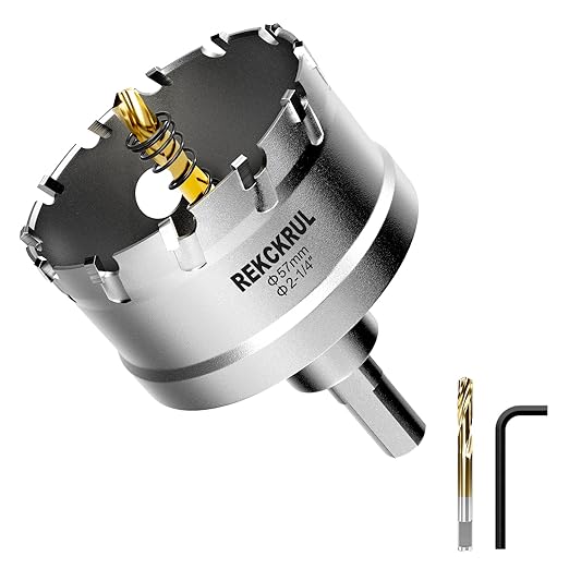2-1/4" (57mm) TCT Carbide Hole Saw Kit for Metal - Heavy Duty Hole Cutter Drill Bits Set with 2 Titanium/Step Pilot Drill Bits & L-Wrench, Cuts Stainless Steel, Iron, Aluminum, Wood, Plastic