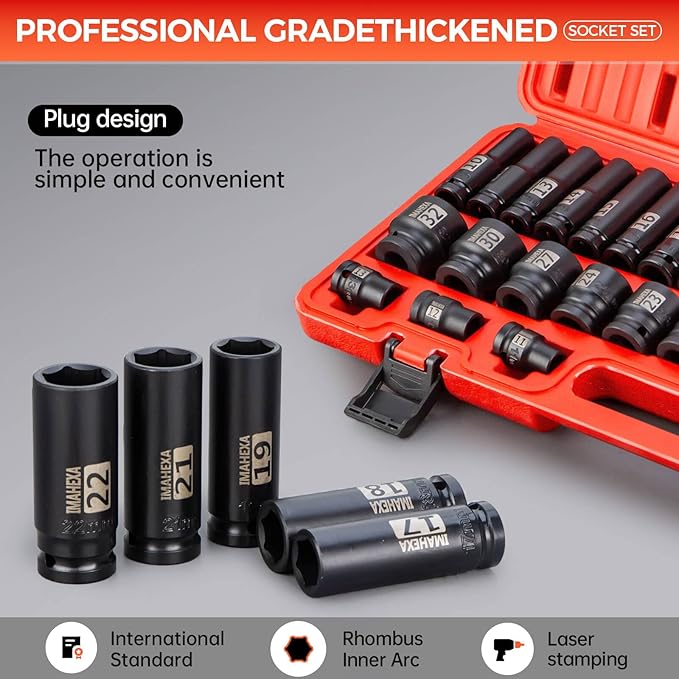 35 Pieces 1/2-Inch Drive Deep Impact Socket Set,Metric Sizes(10 to 32mm),Deep CO-MO Meterial Socket,With Premium Red Socket Organizer,6 Point