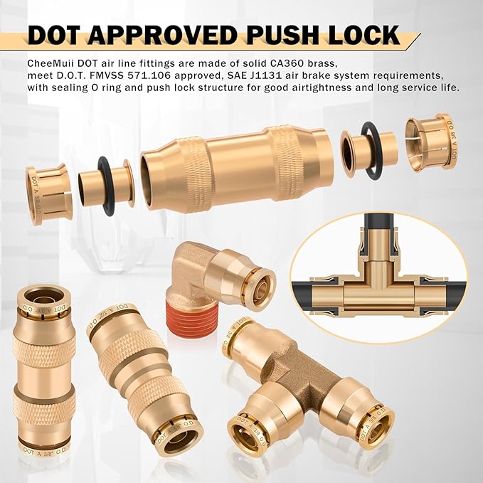 CheeMuii 112 PCS Brass DOT Air Line Fittings with 3 Roll 100FT 1/4" 3/8" 1/2" DOT Air Lines Kit Push Lock Air Fitting Quick Connect Air Fittings with Air Hose Pneumatic Tubing