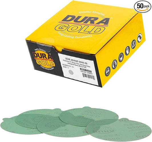 Dura-Gold Premium 5" Green Film PSA Sanding Discs - 3000 Grit (Box of 50) - Film Back Self Adhesive Stickyback Sandpaper Discs for DA Sander, Finishing Abrasive, Sand Automotive Paint Woodworking Wood