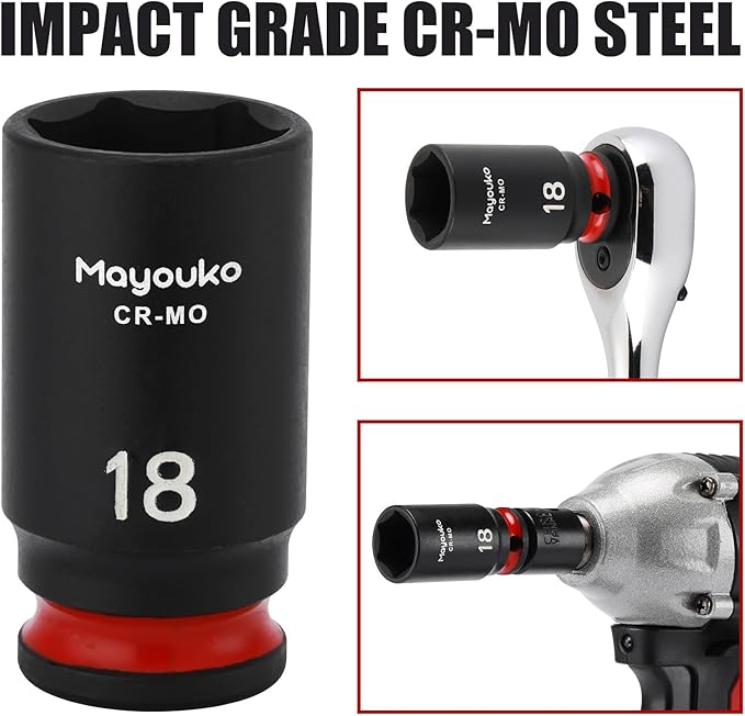 Mayouko 14PCS 3/8" Drive Semi-Deep Impact Socket Set, 8-22MM, Metric, CR-MO, Impact Grade Middle Length Socket Set, 6 Point