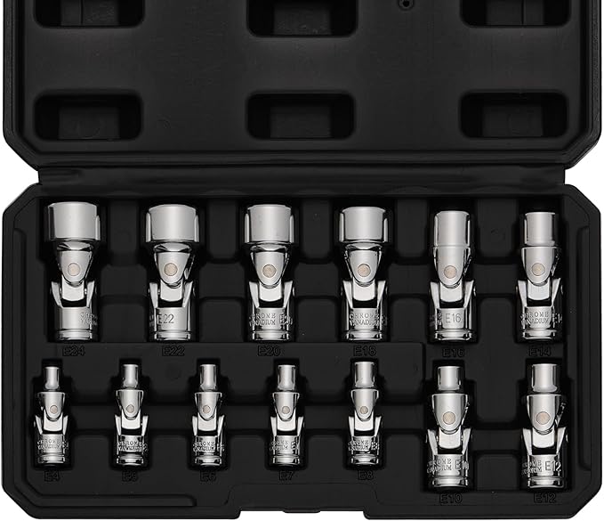 EMENTOL 13-Piece Universal Joint Star Socket Set, 3/8" (E4-E8) & 1/4"(E10-E24) Drive U-joint E Sockets, CR-V Steel
