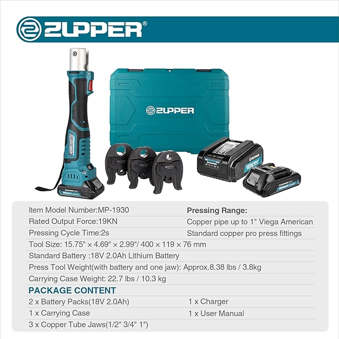 ZUPPER Mini Pro Press Tool kit with 3 Copper Pro Press Jaws 1/2", 3/4", 1", Brushless Motor, 2pcs Battery, Fast Charger & Carrying Case