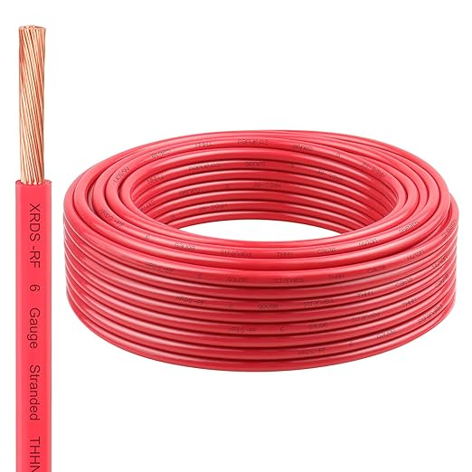 6 Gauge THHN Wire, 50FT Red Stranded Copper Electrical Wire, 600V, Heat & Oil Resistant, Nylon Sheath Building Wire for Indoor/Outdoor Use