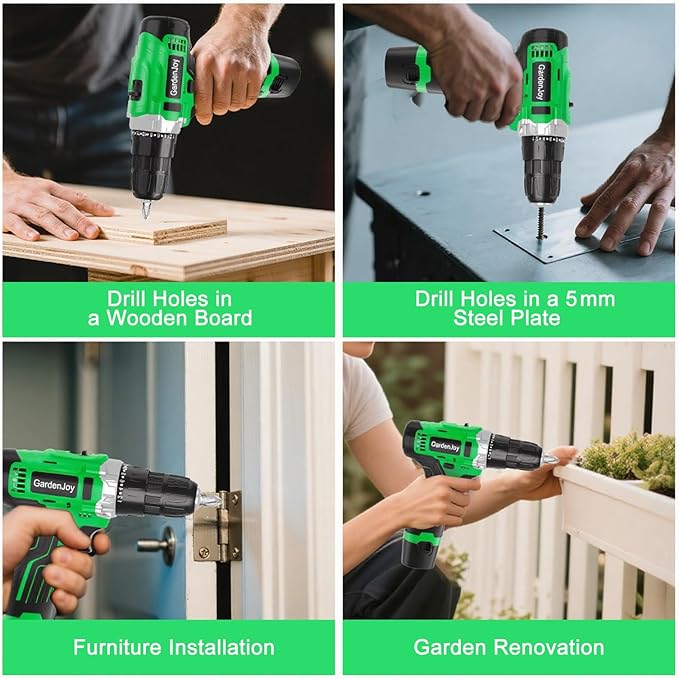 GardenJoy Cordless Power Drill Set: 12V Electric Drill with Battery and Charger, 42pcs Acessories, 3/8"Keyless Chuck, 2 Variable Speed, 24+1 Position, Compact Drill Driver Kit for Home & DIY Project
