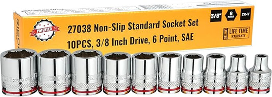 RIGOR 27038 Max-Grip Non-Slip Standard Socket Set, 10-Piece | Anti-Slip Chrome Vanadium Sockets | 3/8-Inch Drive, 6 Point, SAE | Include Durable Plastic Socket Rail.