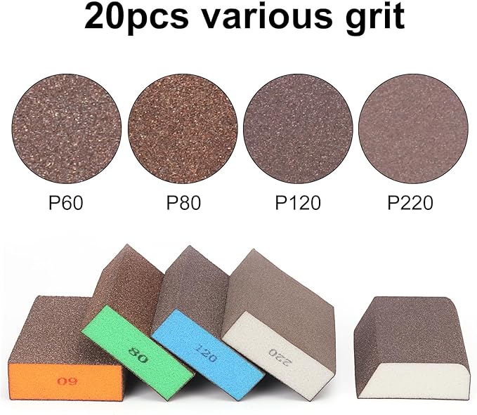 20 Pack Sanding Block Set, Premium Sanding Sponge for Wood Furniture, Metal and Wall Repair, Drywall Sanding Sponge Kit in 60/80/100/120/180/220 Grit Sand Paper Brick