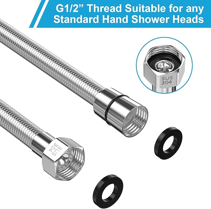 59" Shower Hose, Extra Long 304 Stainless Steel Handheld Shower Head Hose Extension/Replacement, Flexible & Durable, G1/2 Universal Insert & Nut