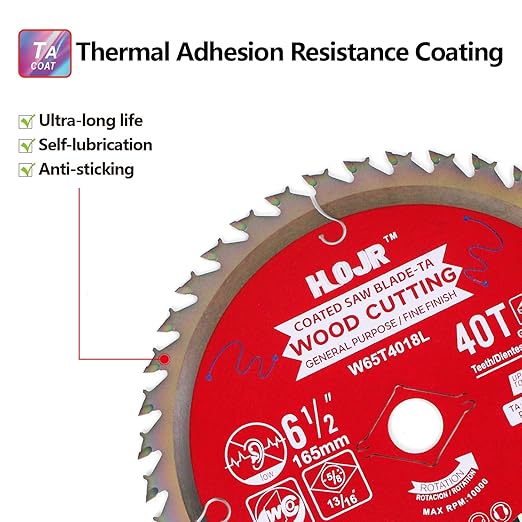 Circular Saw Blade Woodworking TA Series, 6-1/2" 40-Tooth, Arbor 5/8" with Diamond Knock-Out, Fine Finish Wood Cutting,Special Anti-Thermal Adhesion Coating on Cutting Head -TA, 6-1/2" 40T TA