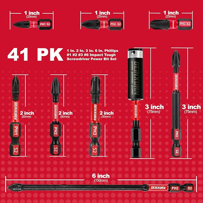 Impact Tough Mixed #1#2#3 Phillips D2 Steel Long Extension Insert Driver Bits, 41Pack 1/4 Inch Hex Shank Long Cross Magnetic PH1/PH2/PH3 Screwdriver Bits Set with 1Pcs Magnetic Bit Holder