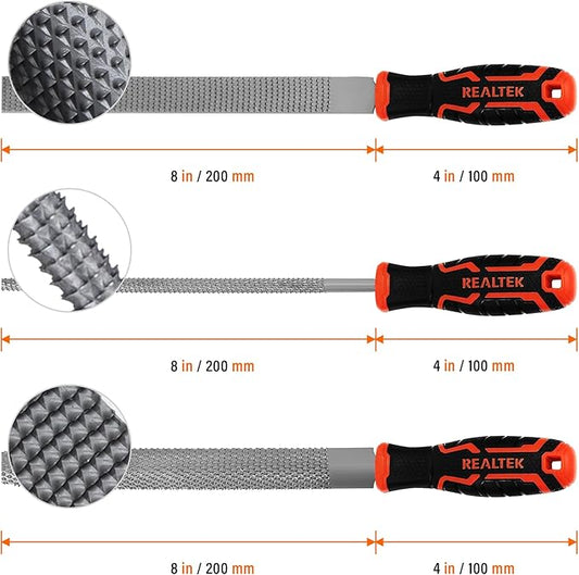 REALTEK 3-Piece 12" Wood Rasp File Set with 4" Longer Rubber Grip, T12 High Carbon Wood File Set for Woodworking, Flat/Half Round/Round Perfect Files for Wood Manual Cutting and Sharping