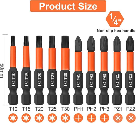 Pro Screwdriver Bit Set - 10 Piece (Torx T10/T15/T20/T25/T30, Phillips PH1/PH2/PH3, Pozi PZ1/PZ2), 50mm, 1/4" Hex Shaft, Storage Box