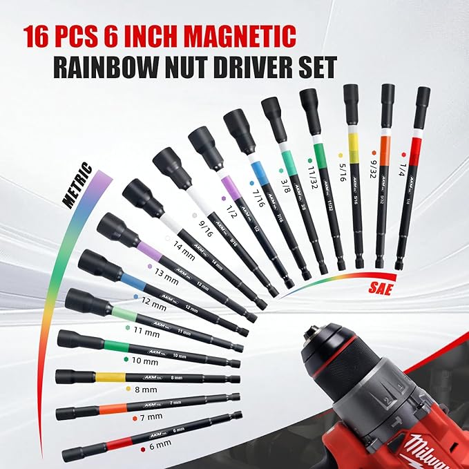 Nut Driver Set, Color-Coded Magnetic Nut Driver Set, 16 PCS Nut Drivers, 6 Inch, 1/4" Hex Shank, SAE & Metric, Extra Long, Nut driver set for Impact Drill with Storage Case
