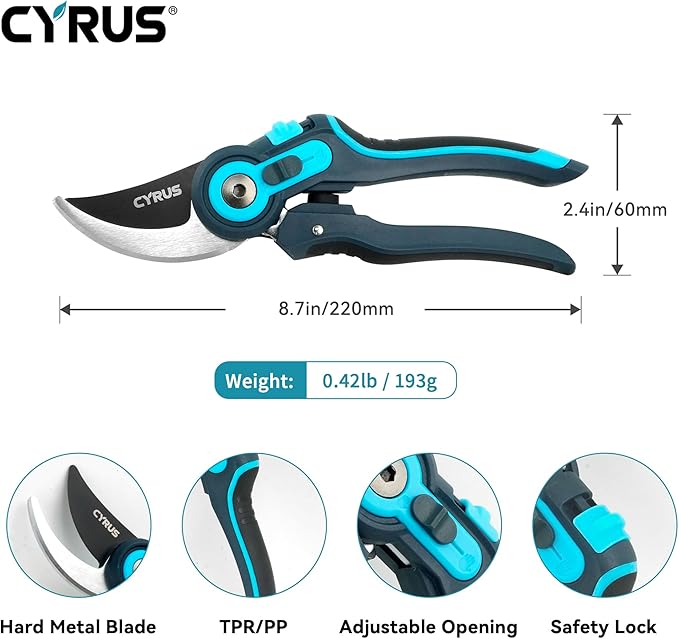 CYRUS Adjustable labor-saving Pruning Shears, Garden Shears with Non-Stick Carbon Steel Blade, 0.866 Inch Cutting Diameter, Safety Lock & Anti-Slip TPR Handle for Gardening, Flower Trimming