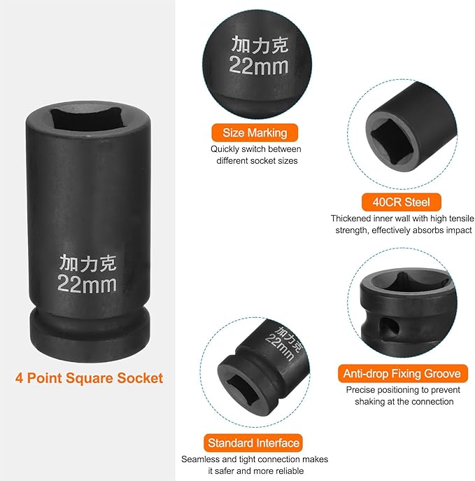 HARFINGTON 4 Point Square Socket 3/4" Drive by 22mm Metric Square Impact Socket 40CR Blackening Standard Wheel Sockets Pneumatic Socket Tool for Auto Repair Mechanical Maintenance Home Use