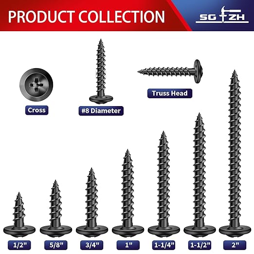 #8 x 1-1/4" Wood Screw 100Pcs Alloy Steel Standard Thread Truss Head Fast Self Tapping Black Oxide by SG TZH