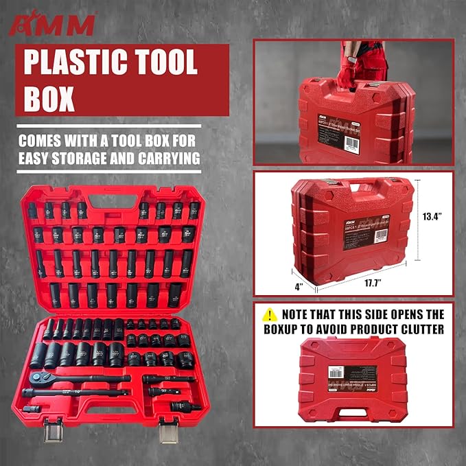 AMM 1/2-inch 66 Pieces Impact Socket Master Set, SAE & Metric from 5/16"-1-1/4",8-24mm, Shallow/Deep Socket Set with Ratched Hand, Extension Bar and Adapters竊똂r-V steel