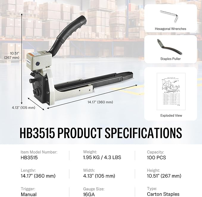 meite Box Stapler HB3515 Manual Carton Closer with 16 Gauge 5/8" Leg Carton Closing Staples(2,000pcs) for Corrugated Case Packaging, Accepts 1-3/8" Crown 5/8" Leg Staples, No Air Needed