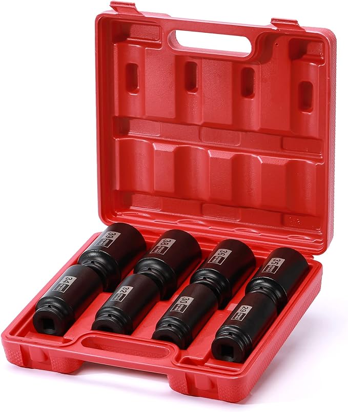 EMENTOL 8PCS 1/2" Drive Deep Spindle Axle Nut Impact Socket Set, CR-MO, 12 Point, Metric, Deep Socket Impact Socket Set-29,30 32, 34, 35, 36, 38, 39mm