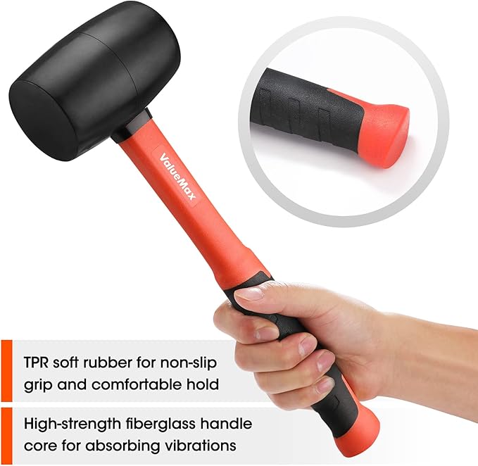 ValueMax Rubber Mallet, 16oz Rubber Mallet Hammer And 35mm Double-Faced Soft Hammer, Fiberglass Handle With TPR Grip, Solid Head, 2 Piece Black Set
