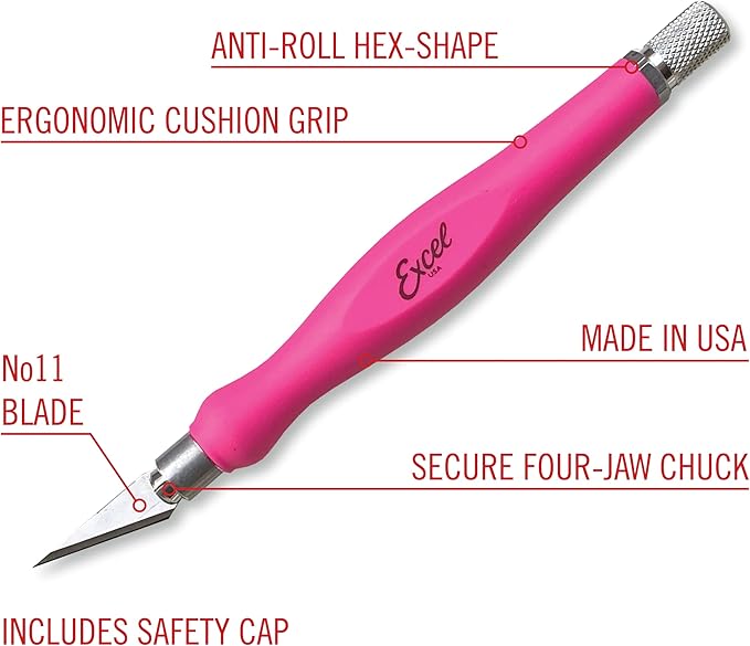 Excel Blades Fit Grip Craft Set, 3-Pack ??Ultra-Sharp #11 Carbon Steel Blade with Contoured Rubberized Grip ??Precision Hobby Knife for DIY, Art, and Hobby Projects ??Pink, Made in the USA