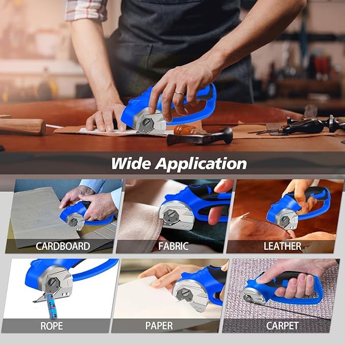 Cordless Electric Scissors, 4V Rechargeable Box Cutter & Cardboard Cutter with LED Light, Safety Lock - Rotary Cutter for Fabric, Leather, Plastic, Crafting, Sewing with Storage Box(Royal Blue)