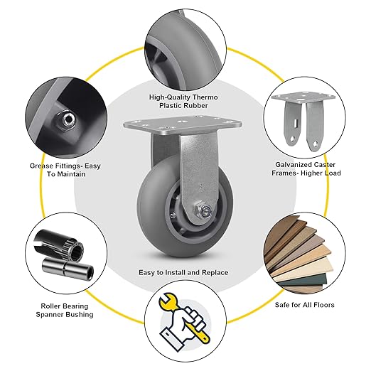 5" x 2" Thermoplastic Rubber Wheels (Crown Tread)-Heavy Duty Casters- 400 Lbs Per Casters- No Noise Plate Caster for Furniture Platform Trucks Workbench (1 Pack Rigid)