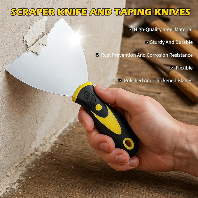 18 pcs Putty Knife Set,Drywall Knife,Espatulas Drywall Kit With Mud Pan,1??2??3??4??5??6??Spackle Knife,7??10??14??Taping Knives,External Corner Trowel & Internal Corner Trowel,5 Brushes And Gloves