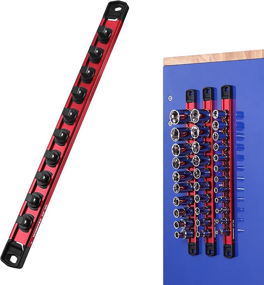 WORKPRO Magnetic Socket Organizer, 3/8" Drive Aluminum Alloy Socket Holder with 10PC Removable Socket Clips for Quick Customization, Socket Rail for Tool Box Drawer (Sockets Not Included)