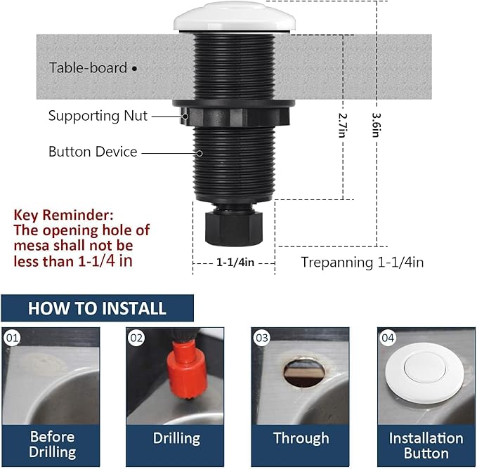 Garbage Disposal Air Switch Kit Single Outlet Sink Top Waste Disposal Long Stainless Steel White On/Off Air Button Food and Waste Disposals Part by Etoolcity