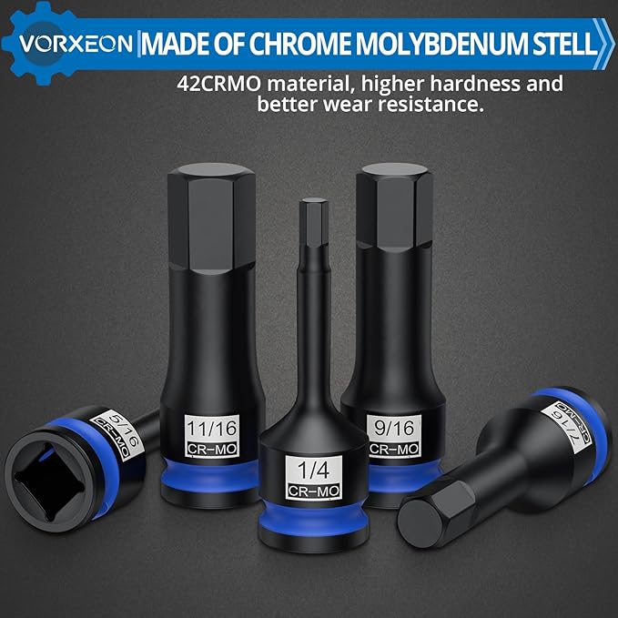 10 PCS 1/2" Drive SAE Impact Allen Hex Bit Socket Set 42CRMO with Storage Case 1/4” 9/32” 5/16” 3/8” 7/16” 1/2” 9/16” 5/8” 11/16” 3/4”