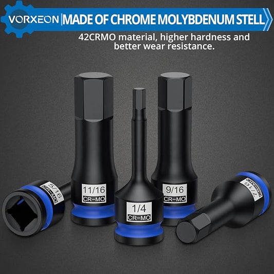 10 PCS 1/2" Drive SAE Impact Allen Hex Bit Socket Set 42CRMO with Storage Case 1/4” 9/32” 5/16” 3/8” 7/16” 1/2” 9/16” 5/8” 11/16” 3/4”