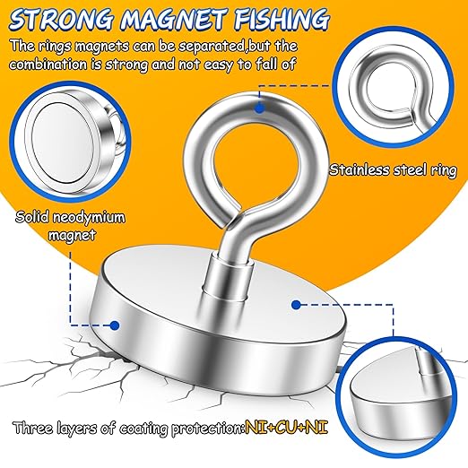 Grtard 500LBS Magnet Fishing Kit for Men's Gifts, Strong N52 Neodymium Fishing Magnets(2.36''), 65ft Rope, Grappling Hook, Gloves & Locking Carabiner, Threadlocker, Gifts for Men, Dad, Husband