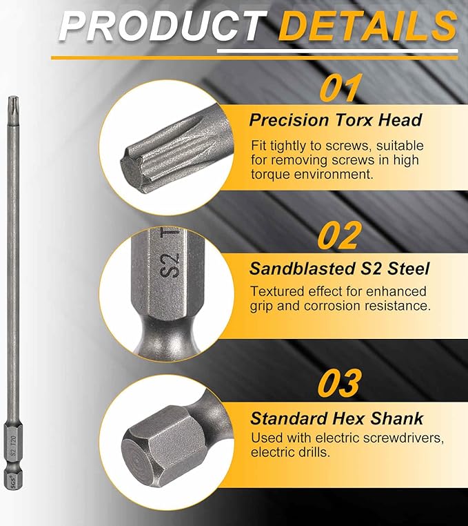 HARFINGTON 2pcs T20 Torx Head Screwdriver Bit 1/4" Hex Shank 6" (150mm) Long Magnetic No Hole Tip Tamper Proof 6 Point Star Screw Driver Drill Bits S2 Steel Industrial Power Screwdrivers