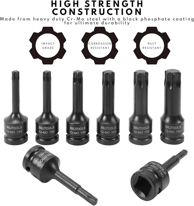 BILITOOLS 8-Piece Impact Torx Bit Socket Set 1/2 inch Drive, T30-T80, Cr-Mo Steel
